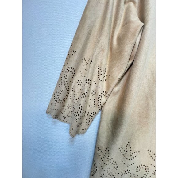 Chico's Women's V Neck Tunic Top Long Sleeve Stretch Faux Suede Paisley Sz 3 Tan - Picture 12 of 12